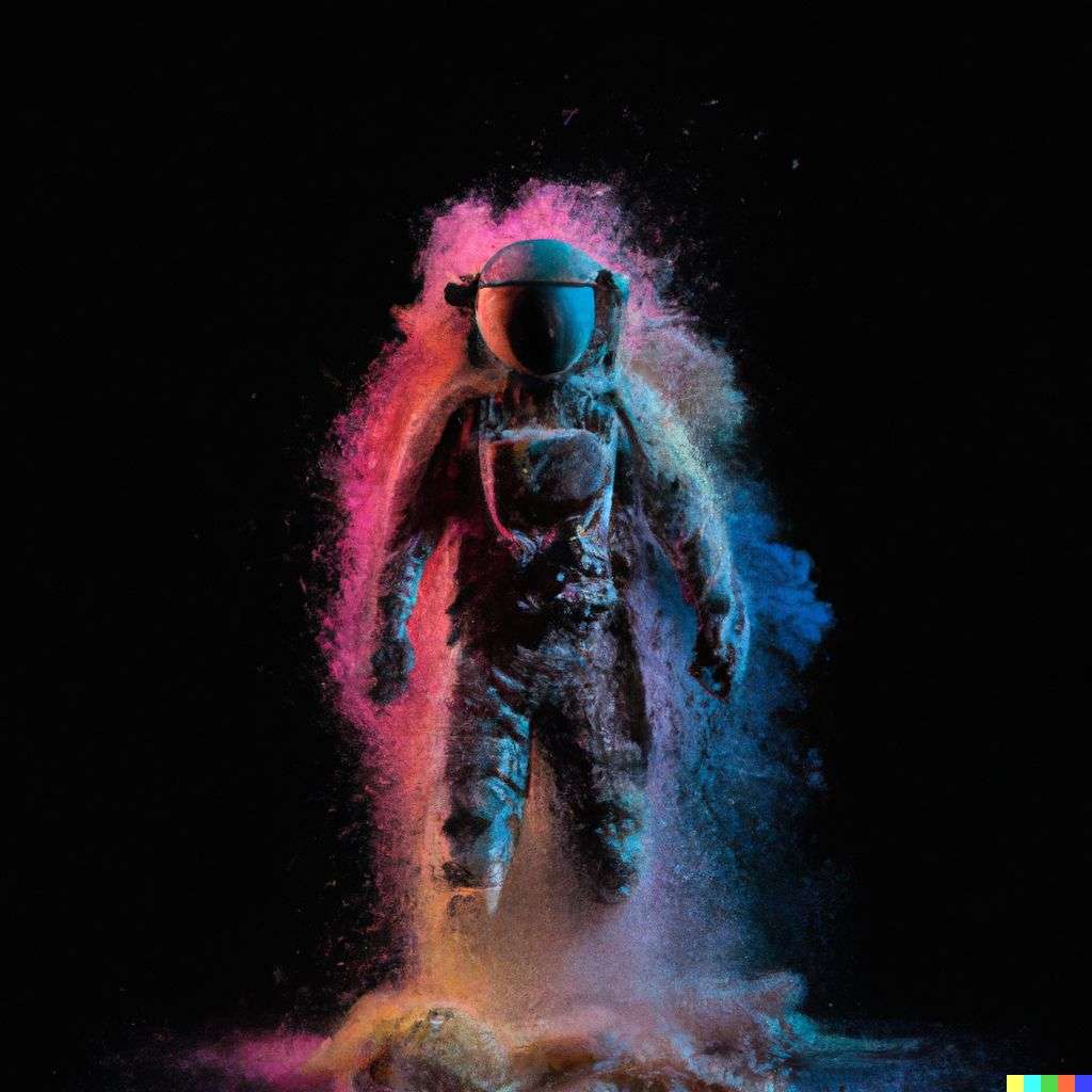 an astronaut, made from a burst of colored powder, digital art